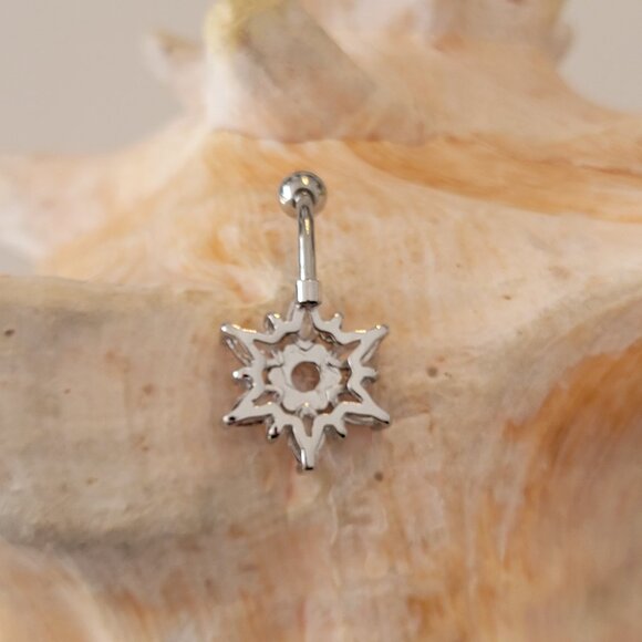 14G Flower snowflake clear gem belly ring stainless steel - Picture 4 of 7